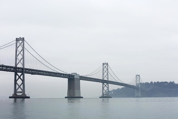 bridge, architecture, fog, sky, sea, suspension bridge, river