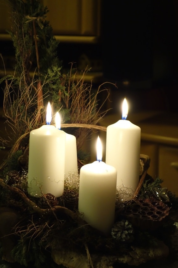 kynttilänvalossa, joulu, rentoutumista, vaha, seppele, kynttilä, yö
