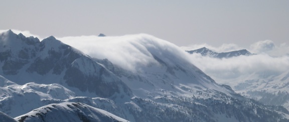 Panorama, sneeuw, kou, mist, berg, piek, winter, sneeuwvlokken