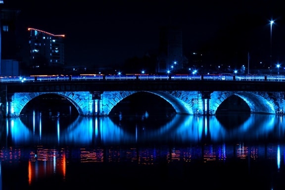 puente, arquitectura, noche, río, luces azules