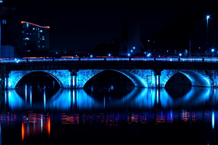 bro, arkitektur, natten, floden, blåt lys