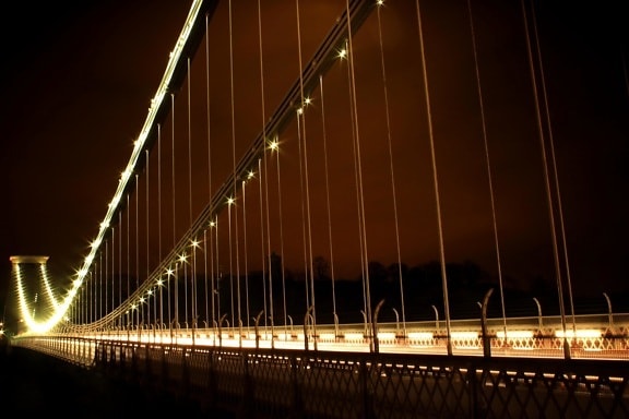 bridge, night, construction, steel, suspension bridge, lights