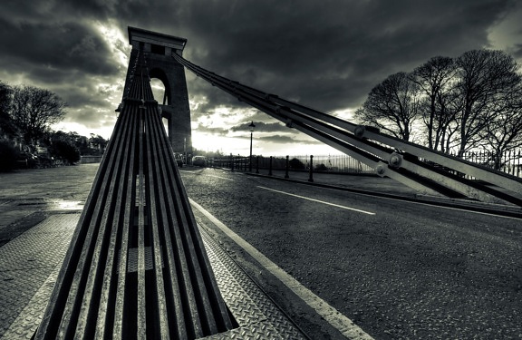 suspension bridge, night, road, asphalt