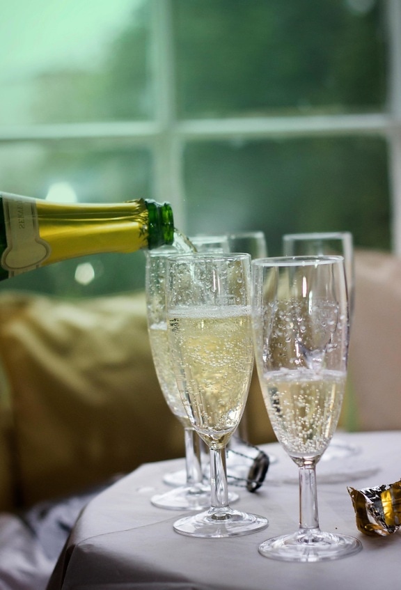 Champagne, fles, glas, bruiloft, ceremonie