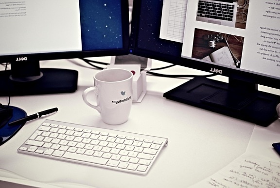 coffe cup, mug, desk, office, desktop, workspace, monitor