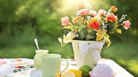 breakfast, tea cup, sunshine, table, morning, lemon, cake, lemons