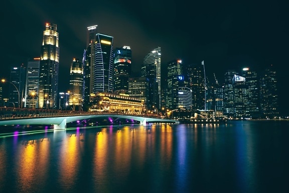skyscrapers, urban, water, downtown, town, water, night, waterfront