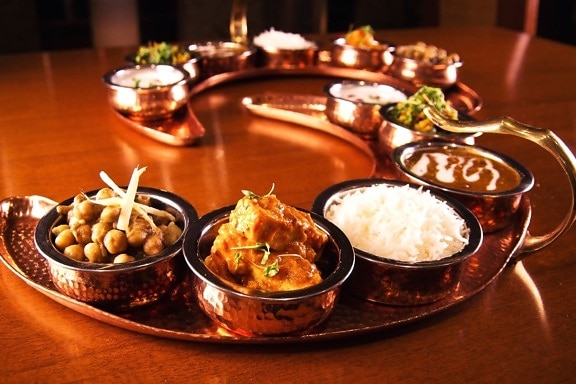 keuken, heerlijke, diner, bowl, traditionele gerechten, houten tafel