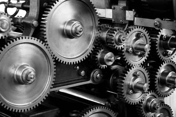 gears, cogs, machine, machinery, mechanical, printing press