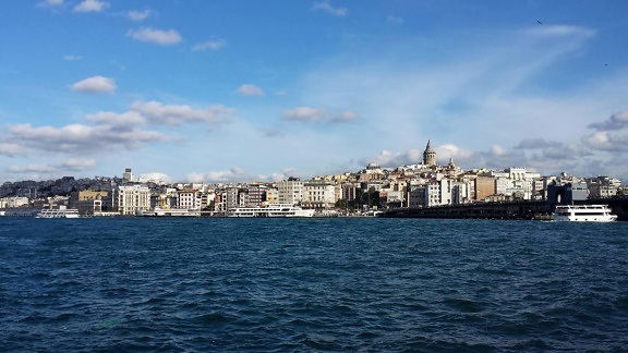 海、トルコ、ボート、旅行、観光、青い空、橋、町、見渡す、市