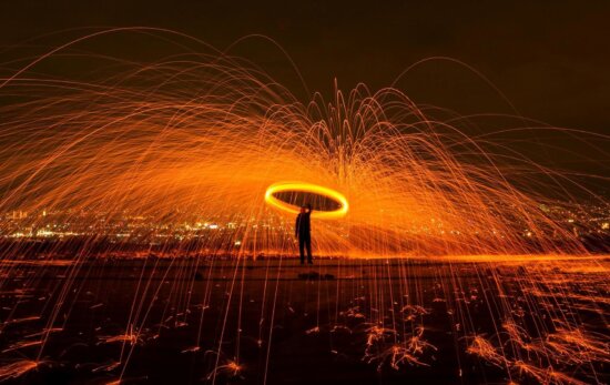 man, fire, person, night, artist, sparks, burning, magician, steel wool
