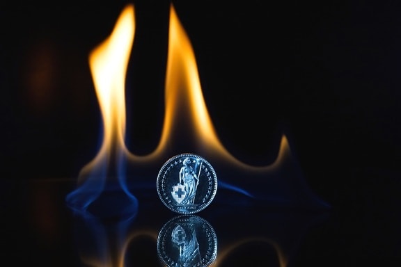 brann, flammer, refleksjon, metall mynt, mørk