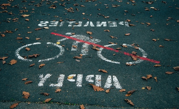 asfalto, segno, foglie, segnaletica, strada