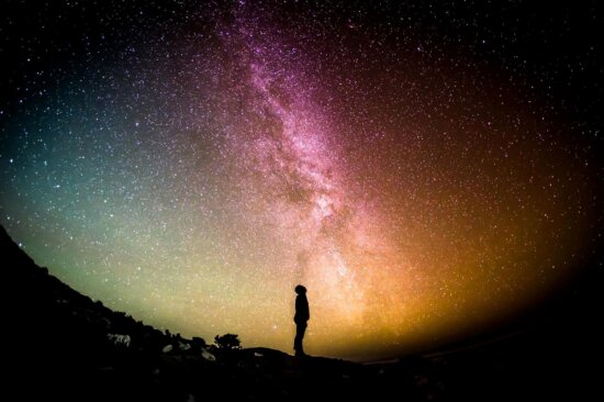 Sky, natt, galax, Vintergatan, stjärnor, explorer, person, skugga, siluett