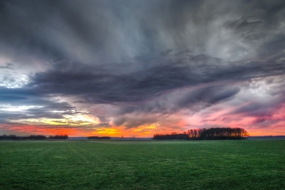farm, field, sky, clouds, green grass, storm, countryside