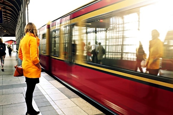 subway, young woman, girl, jacket, people, train station, vehicle