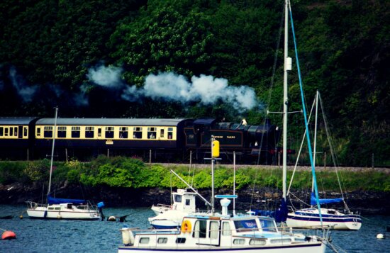 train, railway, yachts, lake, summer, vehicles, boat