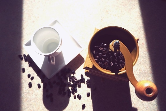 coffee beans, drink, coffee grinder, mug