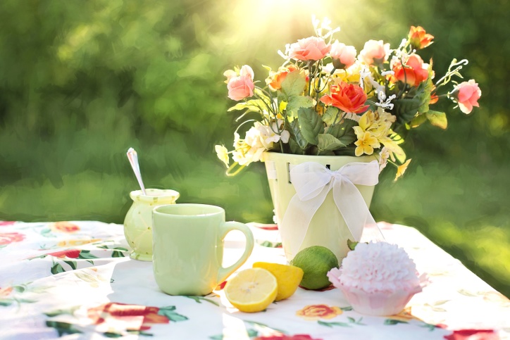 ribbon, still life, table, mug, flowerpot, flowers, fruits, lemon