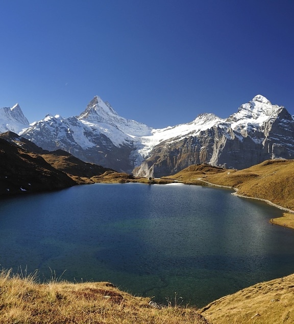 lake, blue, cold water, green grass, Alps mountain