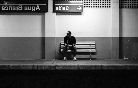 train station, transportation, man, alone, bench
