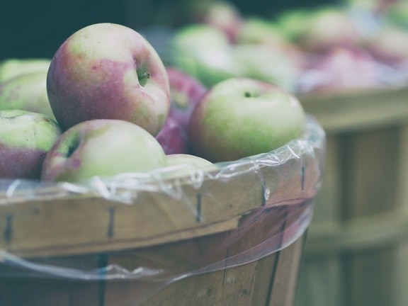 cesta de madeira, maçãs, frutas, alimentos, frescos