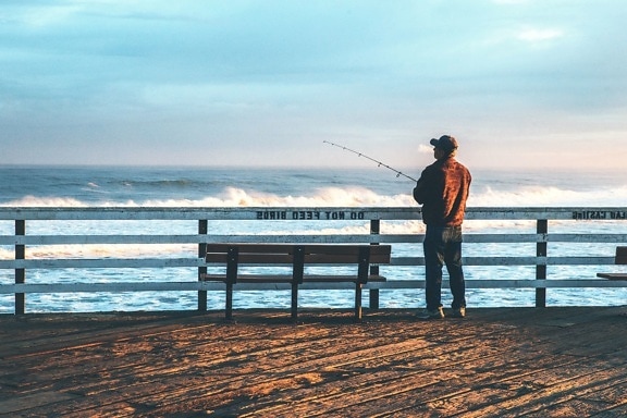 beach, bench, man, fishing, sea, seashore, summer, sun