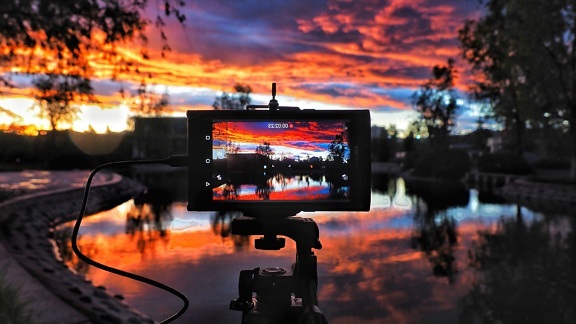 digital camera, reflection, river, sky, sunrise, sunset, clouds, water, night, dusk