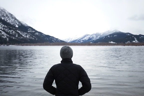 sky, snow, winter, cold, lake, mountains, person