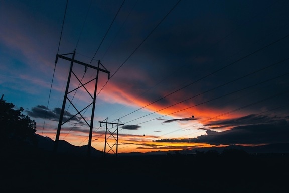 silhouette, sky, sunrise, wire, electricity, power