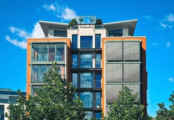 balkong, bygga, business, träd, urban, Lägenhet