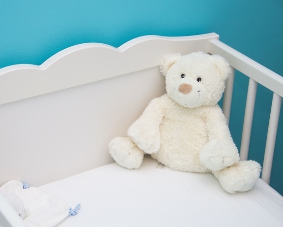 teddy bear, toy,baby, bed, cradle, crib