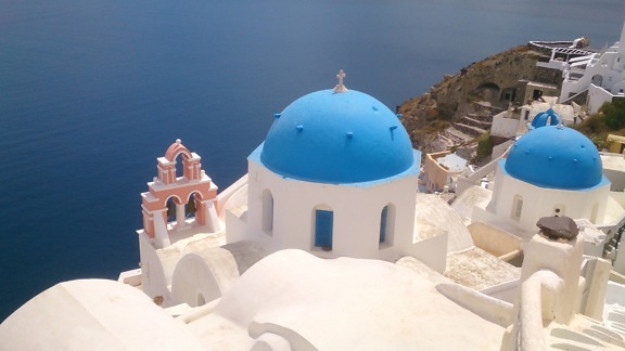 architecture, buildings, coastline, Greece, church, sea, seashore, water