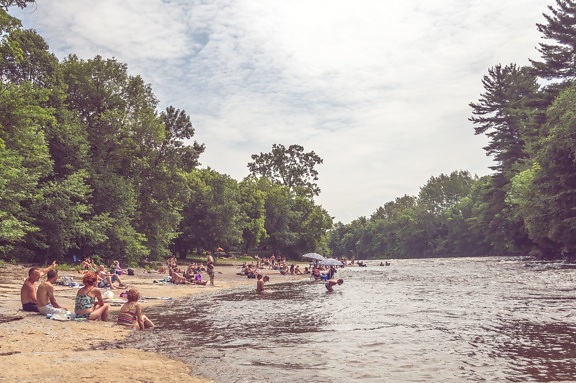 river, crowd, swimming, trees, water, woods