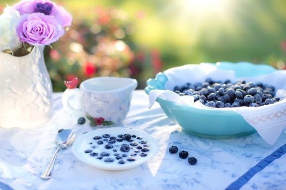 fruits, plate, spoon, table, berries, blueberries, bowl, breakfast, cup