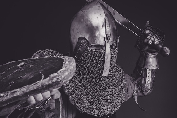 helmet, man, armor, monochrome, protection, sword, war, warrior