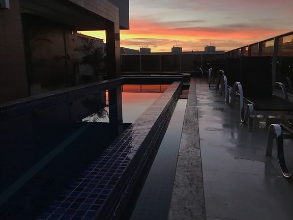 pool, reflection, sky, sunrise, architecture, building