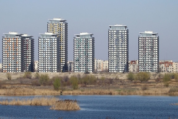 river, water, buildings, city, grass