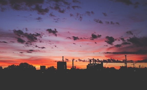 silhouette, sky, factory, industrial, plant, architecture, building, chimney, city