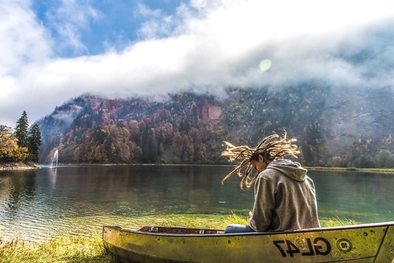 person, river, trees, water, canoe, fog, lake, landscape