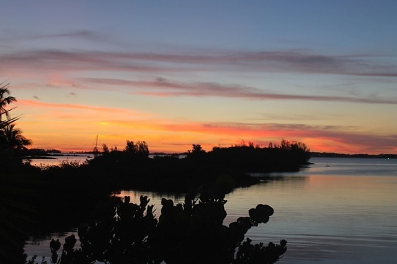 sunset, water, lake, nature, silhouette, island