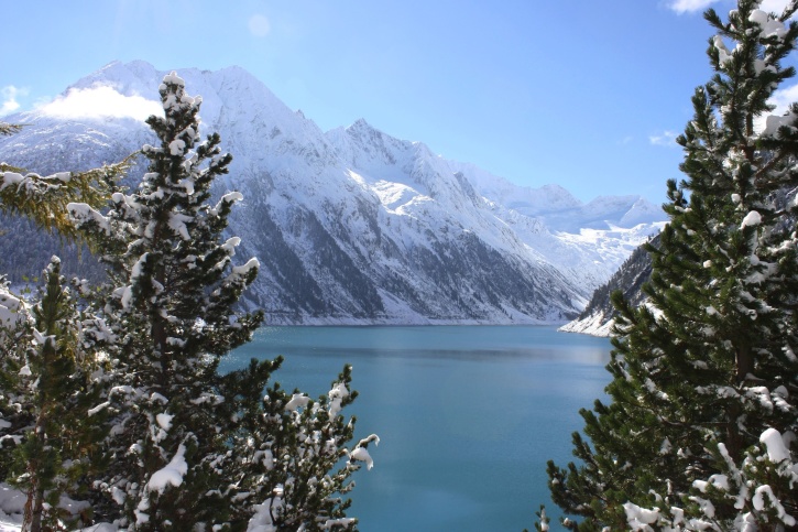 snow, trees, valley, water, cold, conifer tree, lake