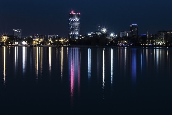 urban, city, lights, night, reflection, river