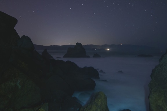 岩、海、海岸、星、石、ビーチ、夕暮れ、月