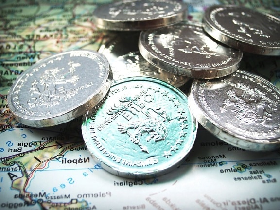 コイン、地図、お金、ユーロ、金属