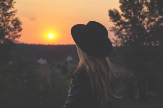 sunset, tree, woman, person, silhouette, sun, hat