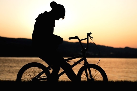 cykel, biker, havet, silhuet, siddende, sport, solen