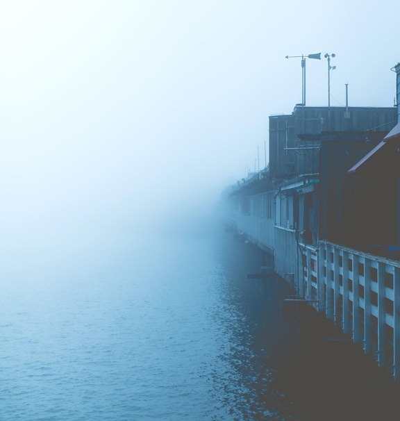 brouillard, maisons, brume, océan, l'eau, la météo, les bâtiments