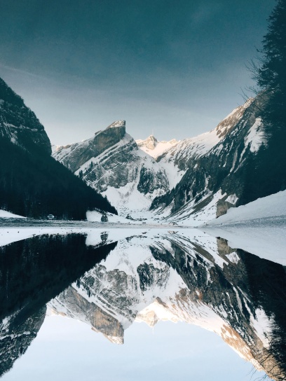 winter, mountain, nature, outdoors, reflection, sky, snow, water