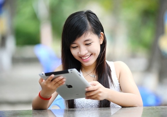 Tablet PC, technologie, vrouw, jong meisje, college, communicatie